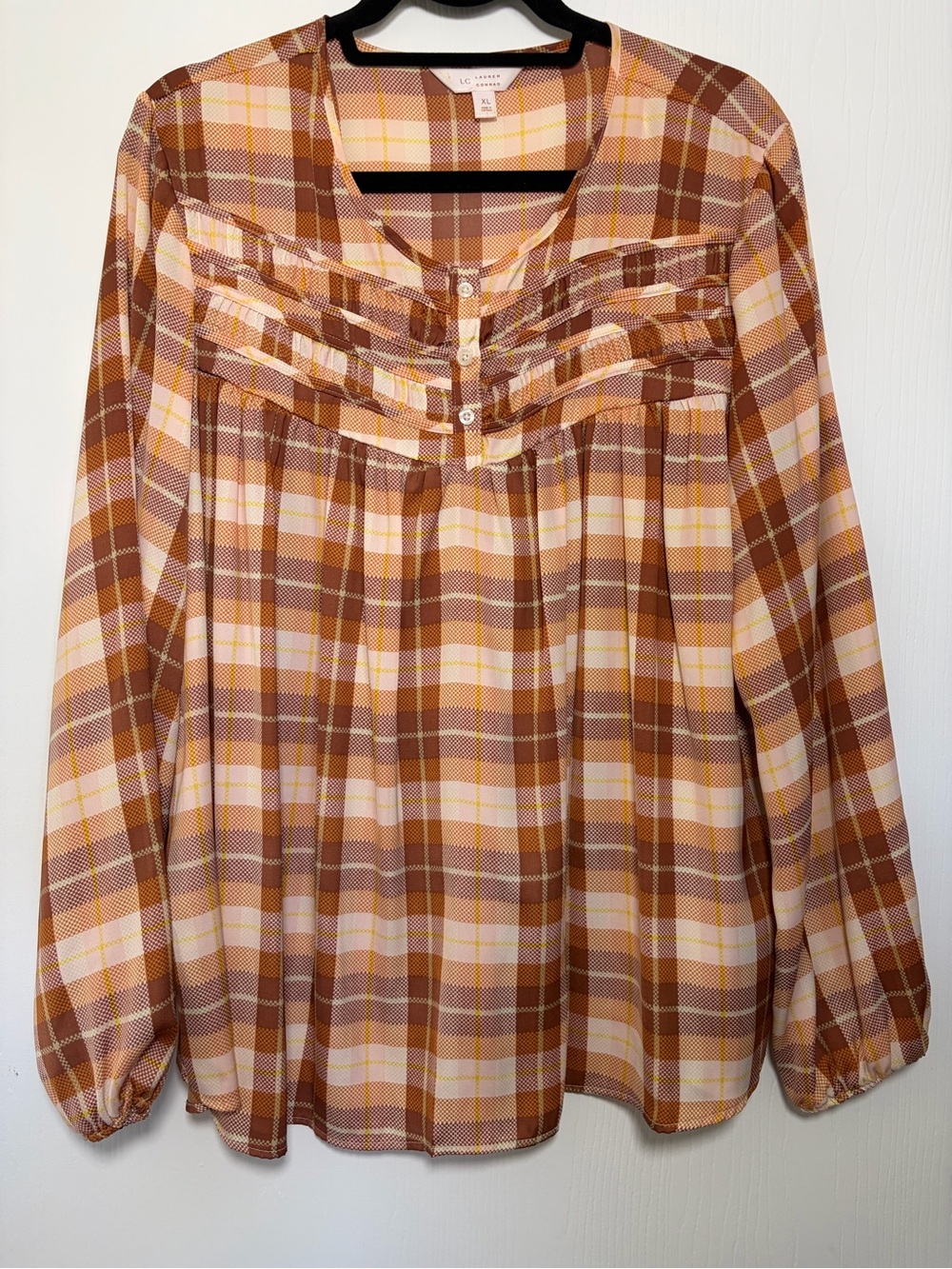 LC Lauren Conrad Brown Plaid Button-Front Long-Sleeve Top